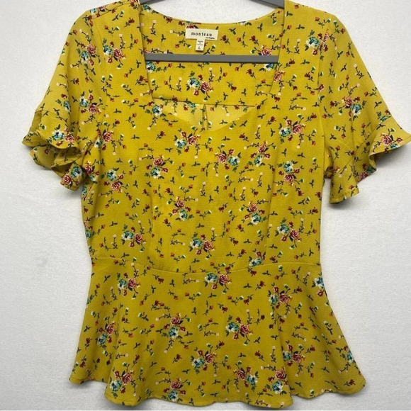 Monteau Floral Blouse L Yellow - Picture 1 of 5